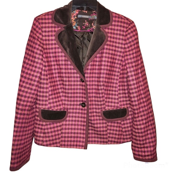 Liz Claiborne Plaid Wool Blend‎ Blazer Jacket Pink Brown 12 - Picture 1 of 7
